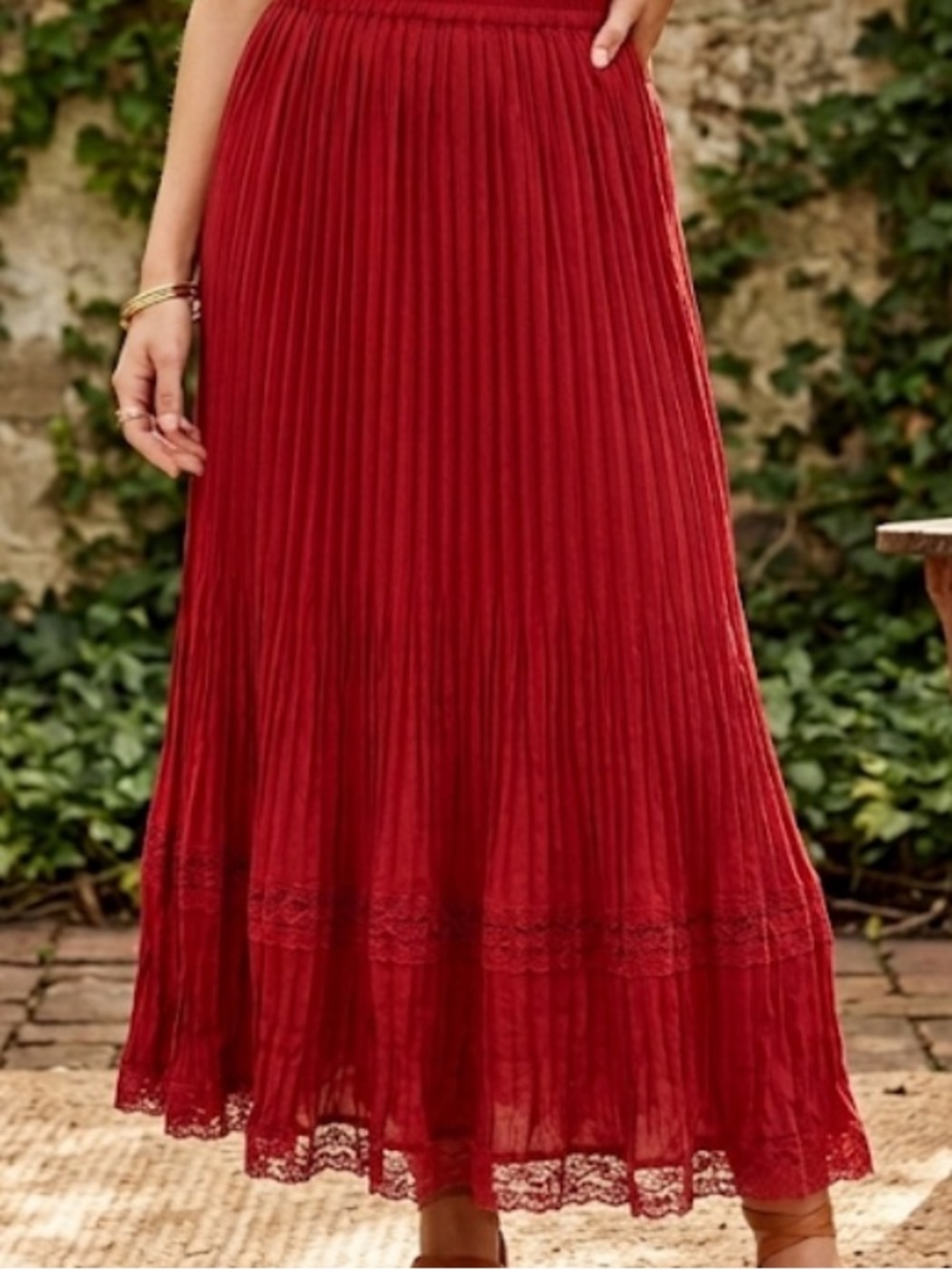 Dialogue Red Pleated Maxi Skirt with Lace Hem